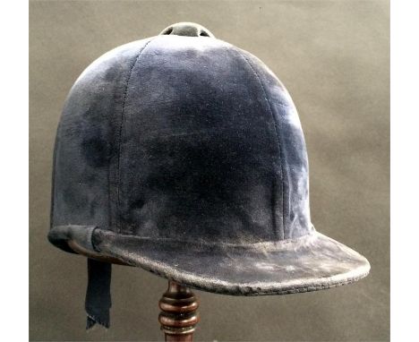 An S. Patey (London) Ltd navy hunting cap with blue ribbons, high crown (Pytchley), approximately 7 3/8