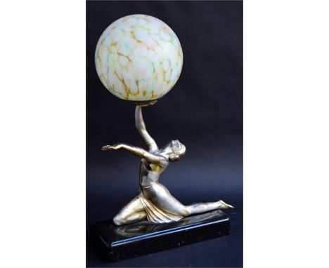 An Art Deco figural table lamp with globular glass shade, 50cmH