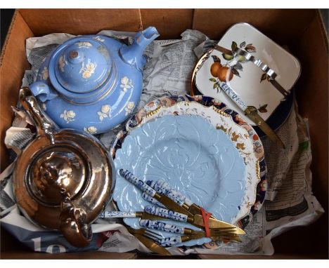 Two boxes of plates and other ceramics to include Royal Copenhagen, Mason's, some brass knives with blue and white ceramic ha