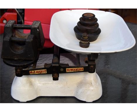 A W & T Avery Ltd, Birmingham, set of kitchen scales with enamel bowl, with associated weights