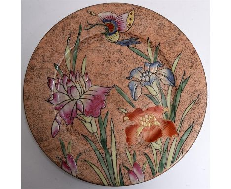 A Chinese painted enamel butterfly and lily plate, marked Tongzhi (1862-1874)