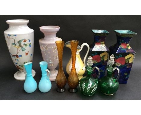 A mixed lot to include coloured glass decanters and ceramic vases