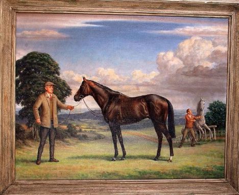 Ernest Waldron West, (British, 1904-1994) Portrait of Dancing Brave 1983-1999 and Guy Harwood the trainer, oil on canvas, sig