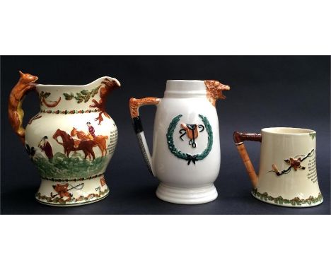 A Fieldings Crown Devon John Peel musical relief moulded jug with stylized fox handle, 20cmH, together with a musical tankard