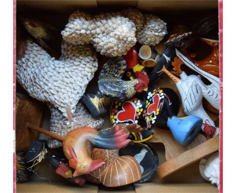 A box of chicken and cockerel models in various materials; ceramic, wood, seashell, lace, etc (17)