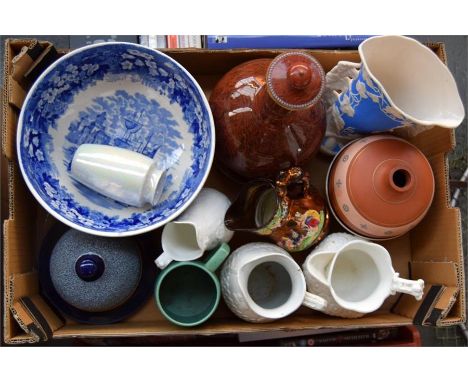 A Wedgwood blue and white fruit bowl, a Keith Murray for Wedgwood green tankard, some biscuit porcelain and lustre jugs, a ce