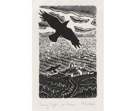 R. Mackenzie, 'Evening Flight', woodcut, signed and titled in pencil, 8.5x5.3cm