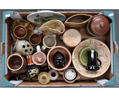 A large box of studio pottery, mostly with makers' marks, including Leach, Muchelney, Lamorna, a Serpentine vase, and other i