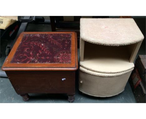 A small mahogany commode with ceramic chamber pot and lid, togther with a Lloyd Loom bow fronted bedside table