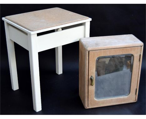 A pine bathroom wall cabinet with bevelled mirror and glass shelf, together with a bathroom stool and cork seat