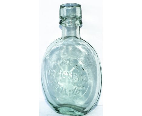 Great Central Railway glass whisky flask. Aqua coloured glass with a pressed lip in excellent condition, measures 5in x 2.75i