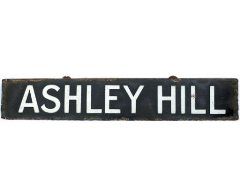GWR enamel station lamp tablet ASHLEY HILL with top mounting flange, from the former Great Western Railway station between Br