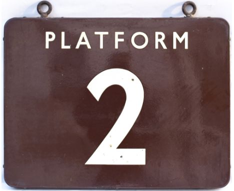 BR(W) FF enamel railway sign PLATFORM 2. Double sided, both sides in very good condition with minor chipping. Measures 24in x