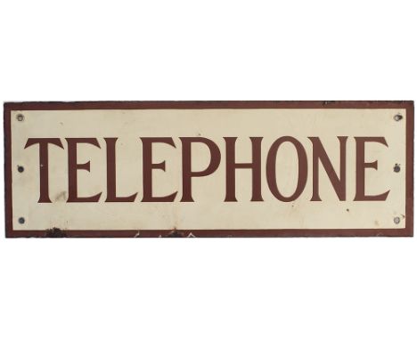 Post Office enamel sign TELEPHONE. In good condition with minor edge chipping. Measures 24in x 8in. A rare sign fitted above 