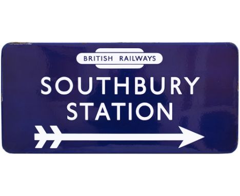 BR(E) FF enamel direction sign SOUTHBURY STATION with British Railways totem and right facing arrow, from the former Great Ea
