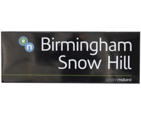 Modern image station sign LONDON MIDLAND BIRMINGHAM SNOW HILL. Fully flanged enamel in excellent condition measures 37in x 13