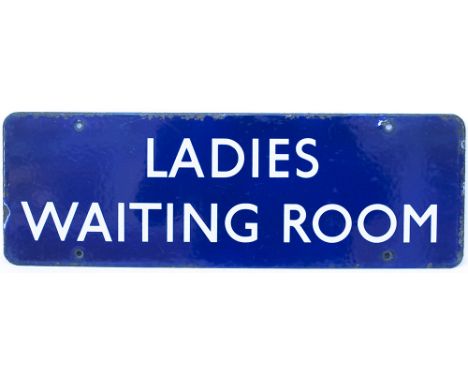 BR(E) enamel doorplate LADIES WAITING ROOM. In very good condition with minor edge chipping, measures 18in x 6in.