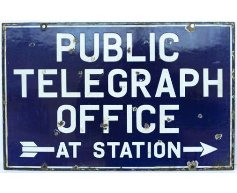 Enamel sign PUBLIC TELEGRAPH OFFICE AT STATION. Double sided, both sides in good condition with some face chipping. Measures 