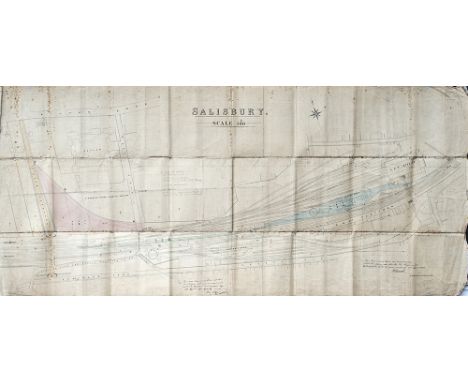 GWR hand coloured map of Salisbury Station, Goods and Engine Sheds. Also shows the LSWR Platform Engine and Goods Sheds. In g