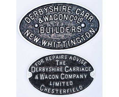 A pair of cast iron wagon plates, DERBYSHIRE CARR &amp; WAGON CO LD BUILDERS NEW WHITTINGTON  9.5in x 5.75in and FOR REPAIRS 