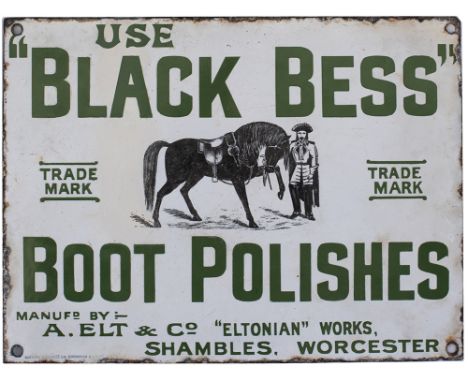 Advertising enamel sign USE BLACK BESS BOOT POLISHES MANUFACTURED BY A.ELT &amp; CO ELTONIAN WORKS SHAMBLES WORCESTER. In ver