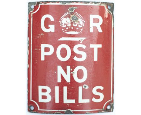 Post Office enamel sign GR POST NO BILLS, a curved enamel to fit telegraph poles. In good condition with some face chips. Mea
