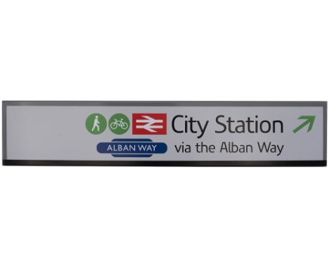 Modern image station sign CITY STATION VIA THE ALBAN WAY. Fully flanged enamel in excellent condition measures 39.5in x 8in. 