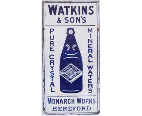 Advertising enamel sign WATKIN'S &amp; SONS PURE CRYSTAL MINERAL WATERS MONARCH WORKS HEREFORD with an image of a Codd bottle