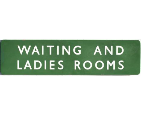 BR(S) FF enamel railway sign WAITING AND LADIES ROOMS. In very good condition with minor edge chipping, measures 48in x 12in.