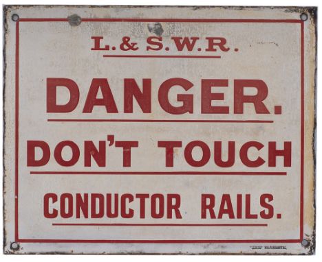 London &amp; South Western Railway enamel sign (small pattern) L.&amp;S.W.R DANGER DON'T TOUCH CONDUCTOR RAILS. In good condi