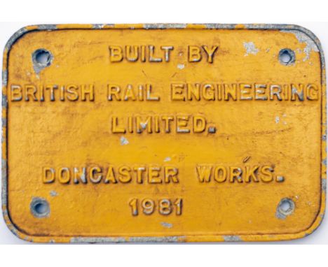 Worksplate BUILT BY BRITISH RAIL ENGINEERING LIMITED, DONCASTER WORKS 1981 ex British Railways diesel Class 56 56102. Allocat