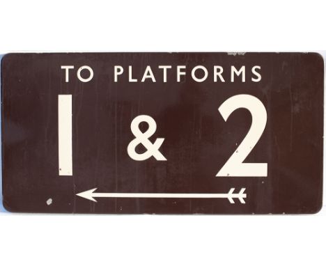 BR(W) FF enamel railway sign TO PLATFORMS 1 &amp; 2 with left facing arrow. In good condition with some small face chipping a