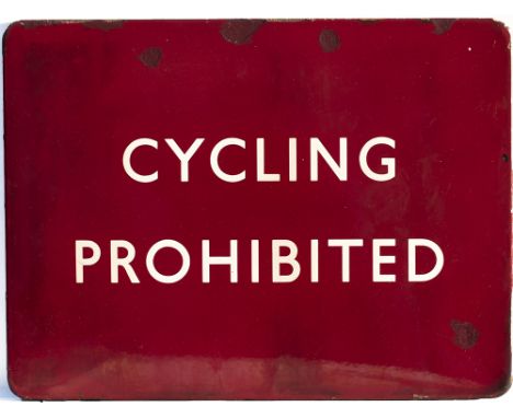 BR(M) FF enamel railway sign CYCLING PROHIBITED. In good condition with some face chip repairs. Measures 24in x 18in. Not com