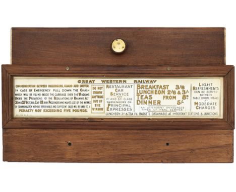 GWR mahogany framed and glazed carriage panel advertising RESTAURANT CAR SERVICES FOR 1st AND 3rd CLASS PASSENGERS ON PRINCIP