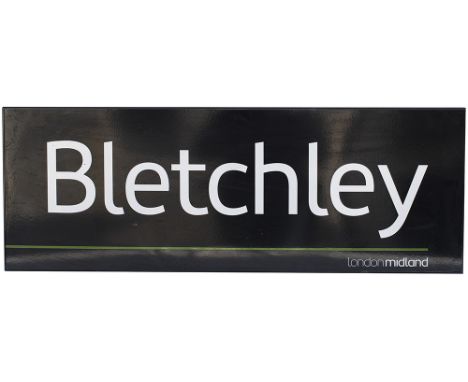 Modern image station sign LONDON MIDLAND BLETCHLEY. Fully flanged enamel in excellent condition measures 38.5in x 13.75in.