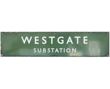 BR(S) enamel railway sign WESTGATE SUBSTATION. In excellent as removed condition. Measures 26in x 6in.