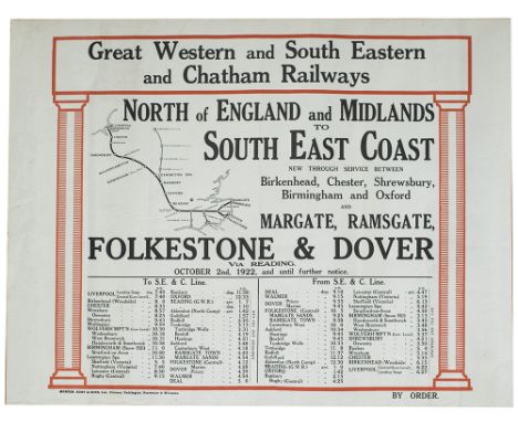 Poster GREAT WESTERN AND SOUTH EASTERN AND CHATHAM RAILWAYS TIMETABLE AND MAP showing the routes from Margate, Ramsgate, Dove