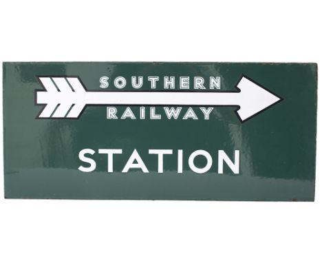 Southern Railway enamel direction sign SOUTHERN RAILWAY STATION with feathered arrow beneath.  Double sided, both sides in ve