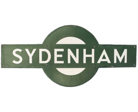 Southern Railway enamel target station sign SYDENHAM from the former London Brighton &amp; South Coast Railway station betwee