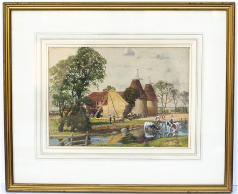 Original watercolour artwork OAST HOUSES, KENT by carriage print artist, Edward Walker for the Southern Region Publicity Dept
