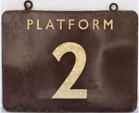 BR(W) FF enamel railway sign PLATFORM 2. Double sided complete with original hanging hooks. In good ex station condition with