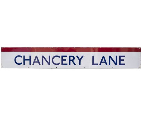 London Transport enamel frieze sign CHANCERY LANE. In very good condition with minor edge chipping, measures 60.5in x 9in.