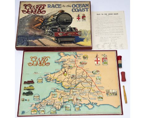 GWR board game RACE TO THE OCEAN COAST manufactured by Chad Valley for the Great Western Railway. Complete with two Shakers (
