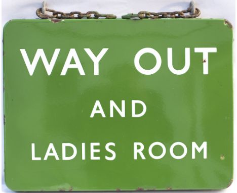 BR(S) FF enamel railway sign WAY OUT AND LADIES ROOM. Double sided complete with original hanging hooks and chains. Both side