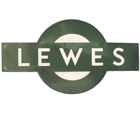 Southern Railway enamel target station sign LEWES from the former London Brighton and South Coast Railway station between Bri