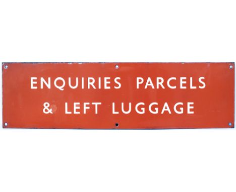 BR(NE) enamel doorplate ENQUIRIES PARCELS &amp; LEFT LUGGAGE. In very good condition with a couple of small face chips. Measu