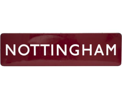 BR(M) FF enamel station sign NOTTINGHAM. In very good ex station condition complete with original wooden mounts, measures 44i