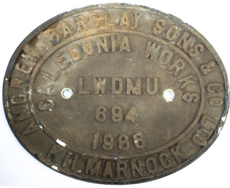 Worksplate Andrew Barclay &amp; Sons Co Ltd., numbered LWDMU 694 dated 1986. Ex 4-wheeled DH 230Hp Pacer Class 143, 2-car set