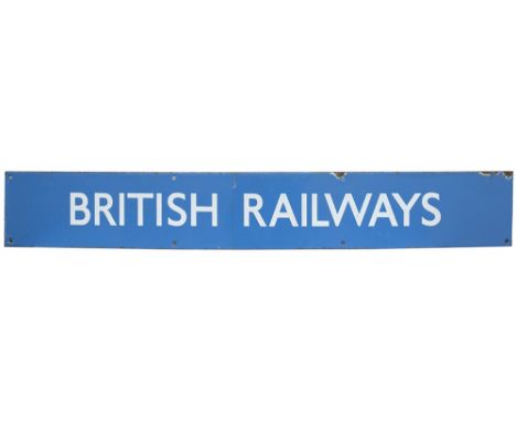 BR(Sc) enamel poster board heading BRITISH RAILWAYS measuring 32in x 4.75in. In very good condition with some edge chipping.