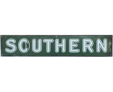 Southern Railway Double Royal enamel poster board heading SOUTHERN. In very good condition with some edge and face chipping. 